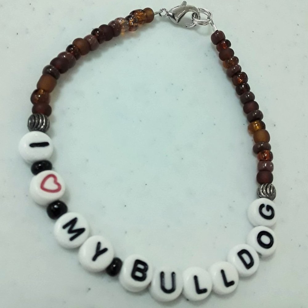 I Love My Bulldog Handmade Bracelet in Brown Beads